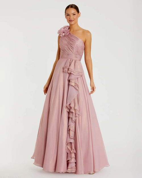 Pink Iridescent One Shoulder Rosette Ball Gown
