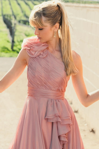 Pink Iridescent One Shoulder Rosette Ball Gown