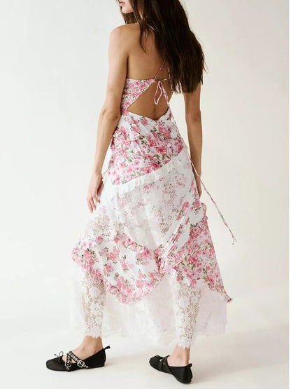 Hazel Blues® |  Lace Floral Print Ruffle Trim Maxi Dress
