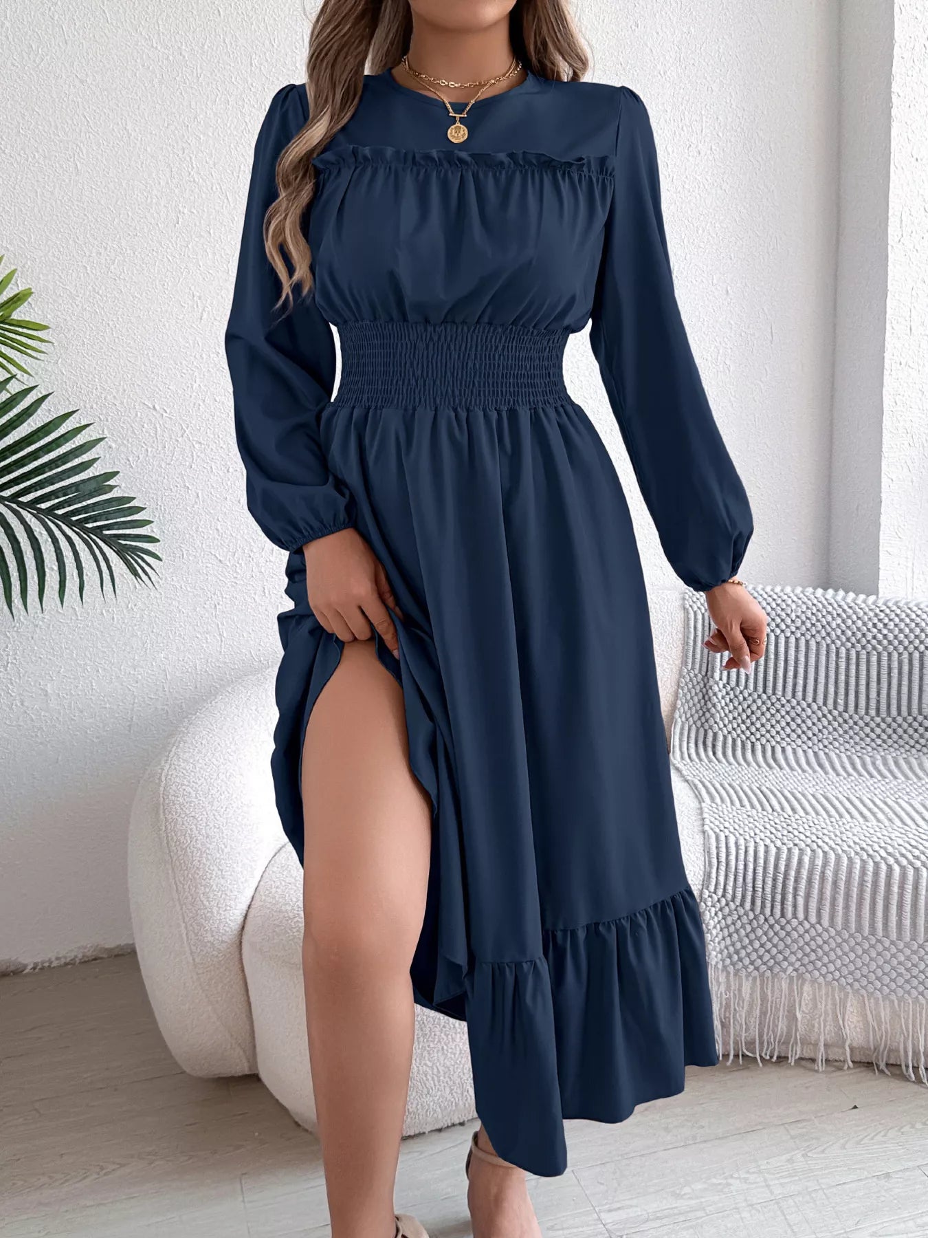 Hazel Blues® |  Round Neck Balloon Sleeve Tiered Dress
