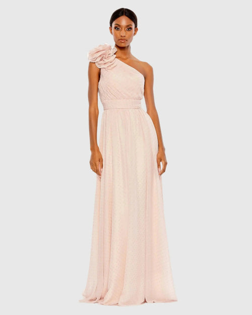 Pink One Shoulder Polka Dot Chiffon Gown With Ruffle Detail