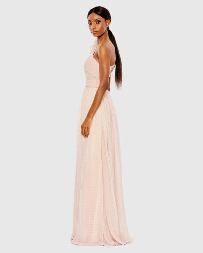 Pink One Shoulder Polka Dot Chiffon Gown With Ruffle Detail