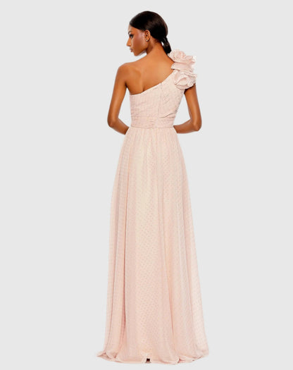 Pink One Shoulder Polka Dot Chiffon Gown With Ruffle Detail