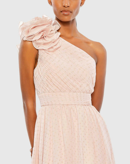 Pink One Shoulder Polka Dot Chiffon Gown With Ruffle Detail