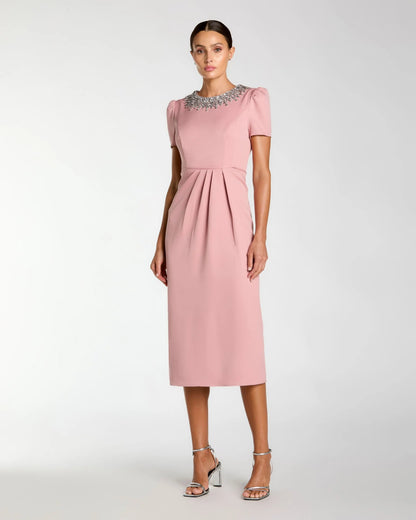 Pink Short Sleeve Rhinestone Neckline Sheath Dress