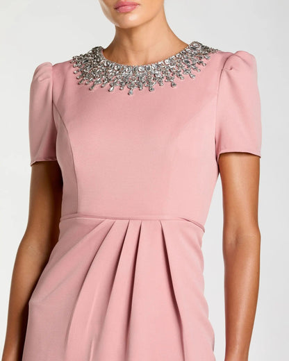 Pink Short Sleeve Rhinestone Neckline Sheath Dress