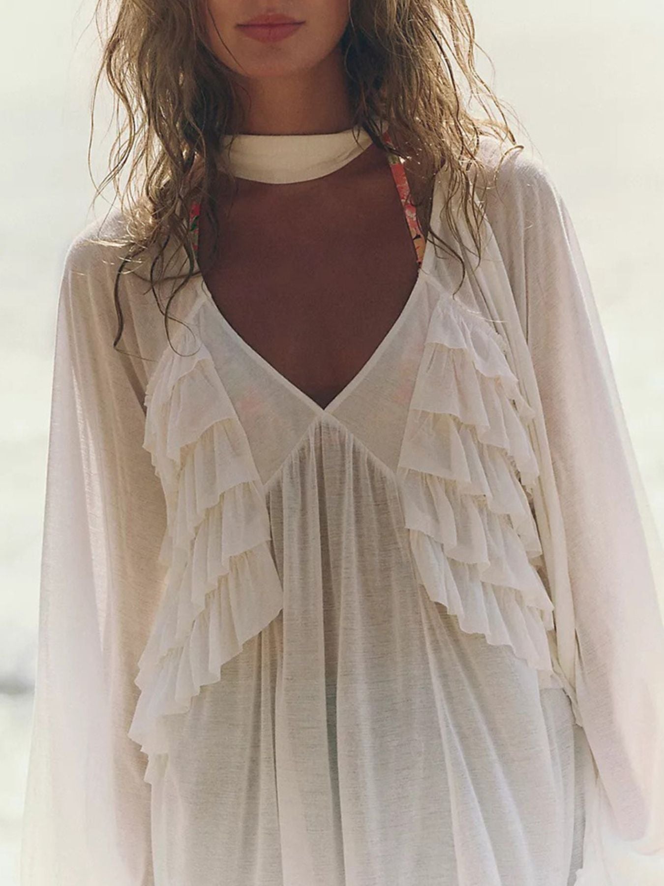 Hazel Blues® | Sheer Ruffle Trim Beach Cover-Up