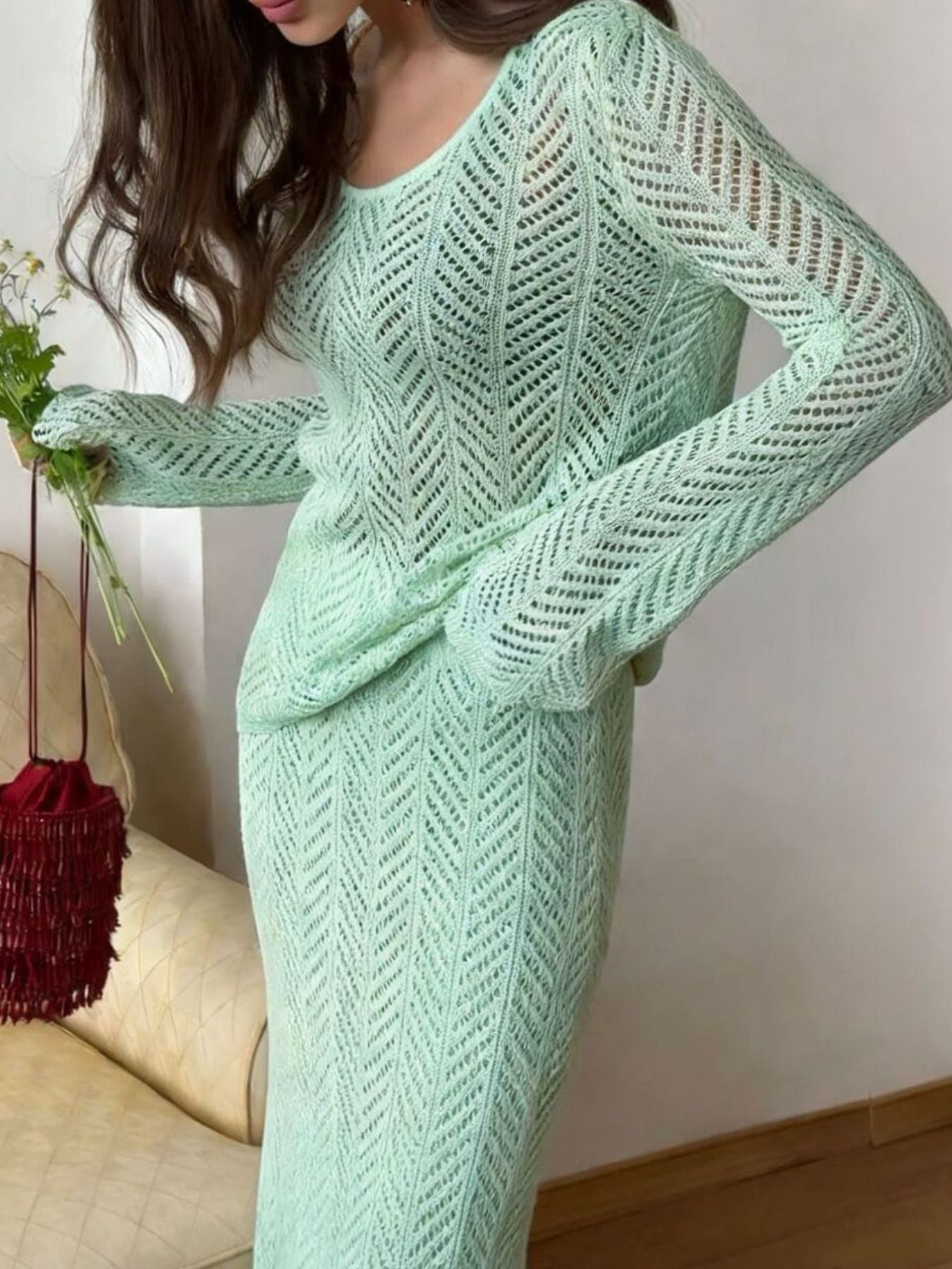 Hazel Blues® |  Openwork Long Sleeve Knit Top and Skirt Set