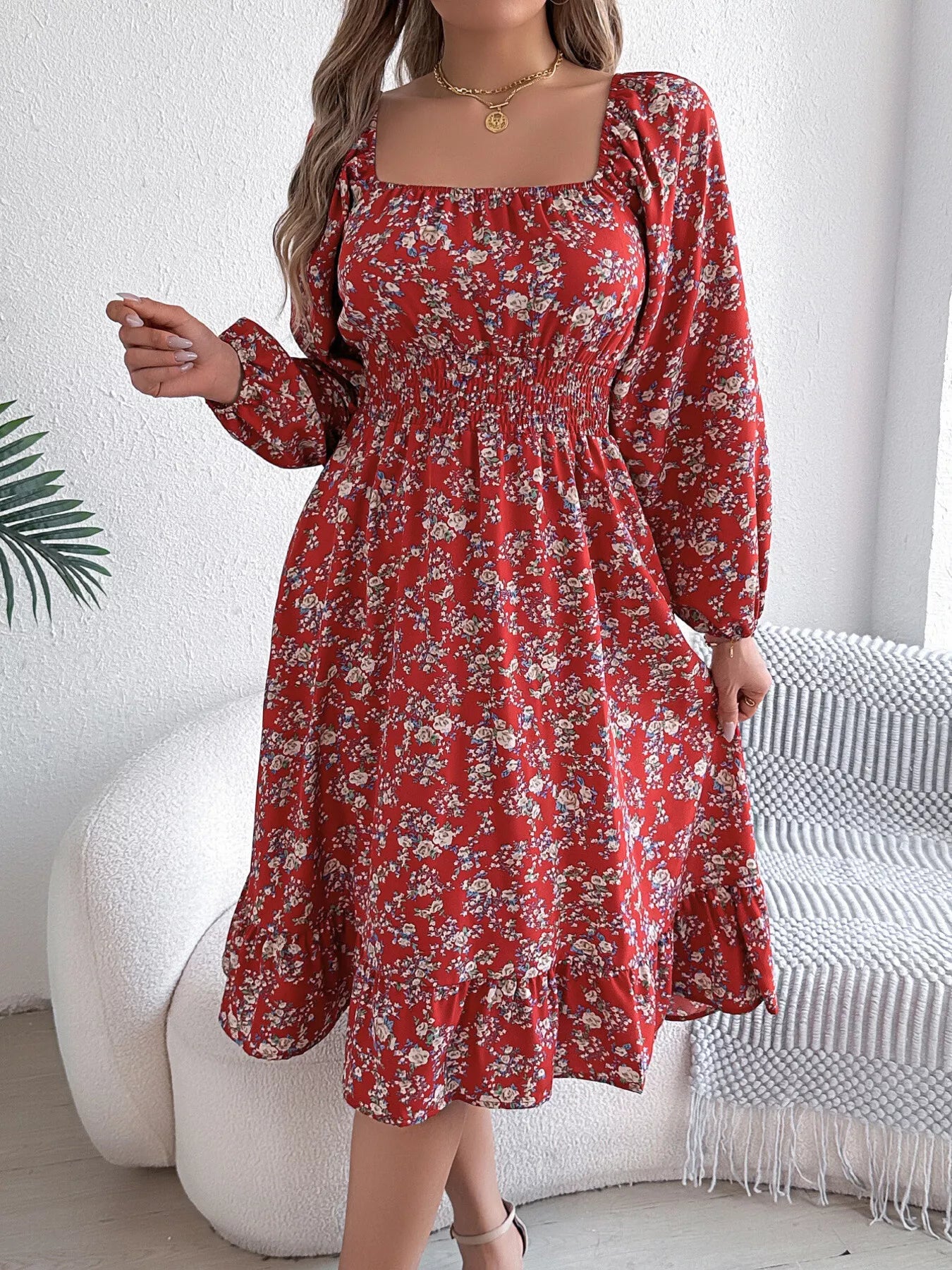 Hazel Blues® |  Floral Print Long Sleeve Square Neck Midi Dress