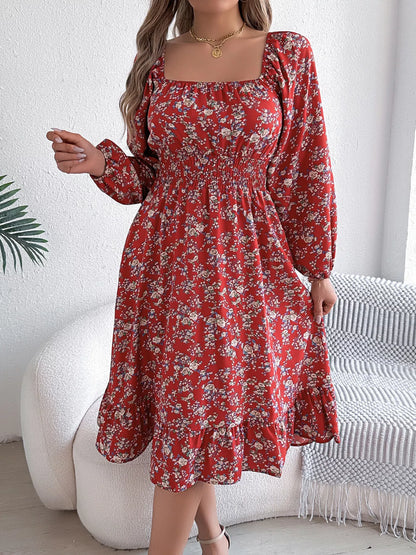 Hazel Blues® |  Floral Print Long Sleeve Square Neck Midi Dress