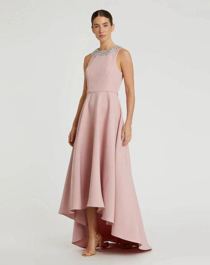 Pink Crepe Embellished Neck High Low Gown