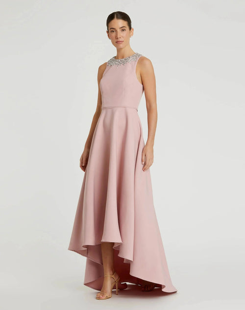 Pink Crepe Embellished Neck High Low Gown