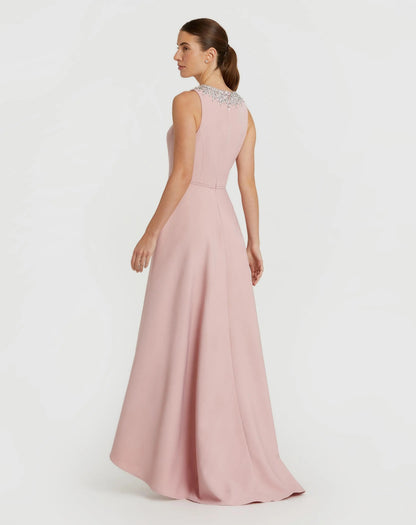 Pink Crepe Embellished Neck High Low Gown