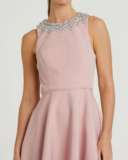 Pink Crepe Embellished Neck High Low Gown