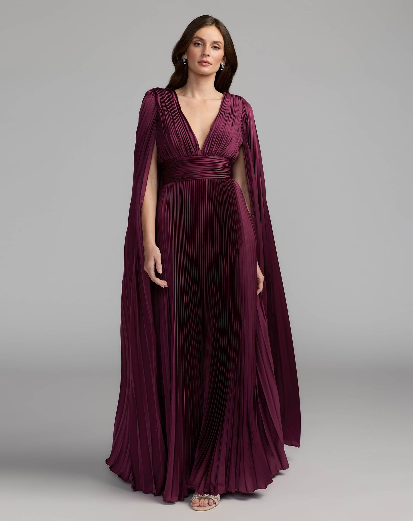 Pleated Charmeuse V Neck Gown With Cape