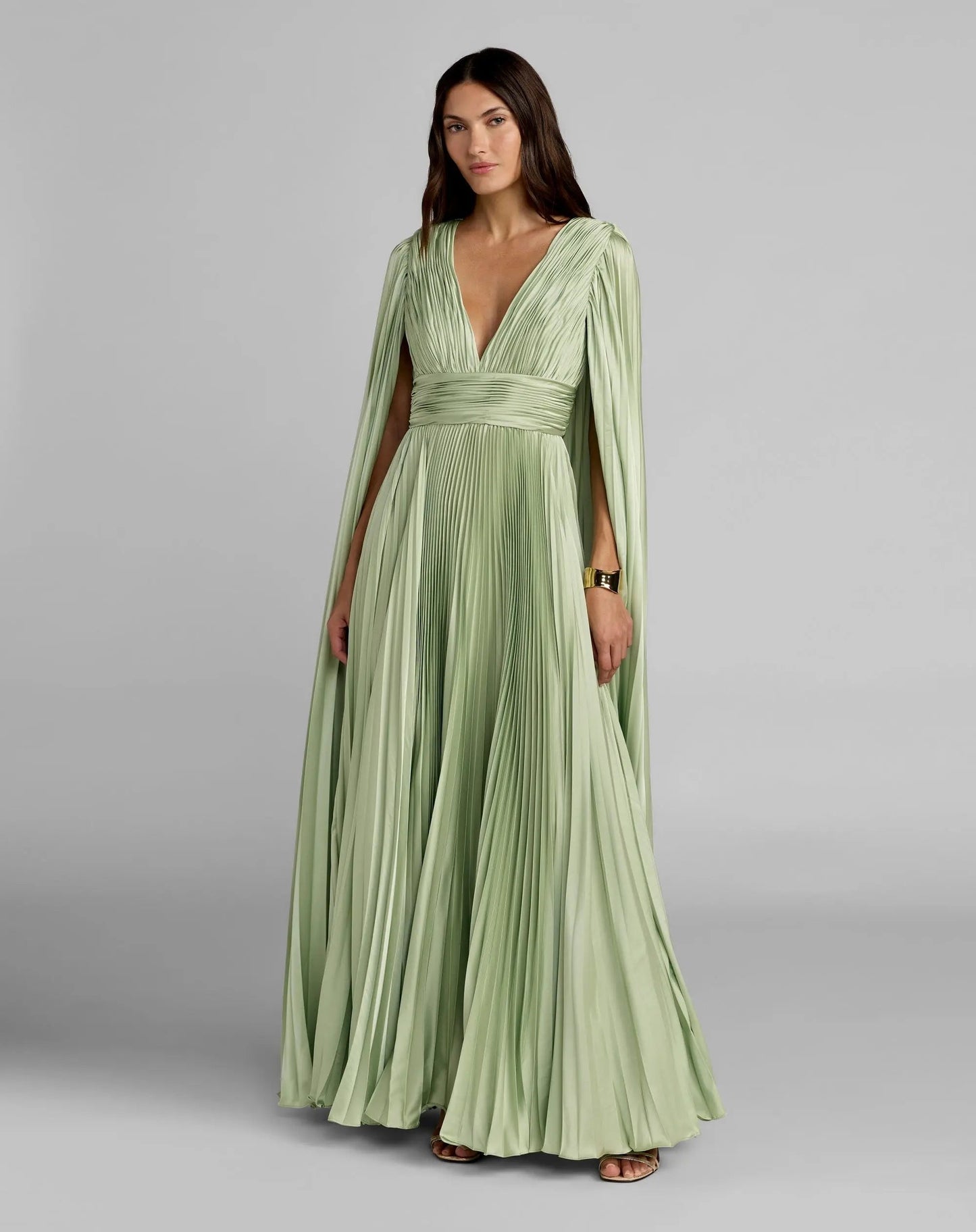 Pleated Charmeuse V Neck Gown With Cape