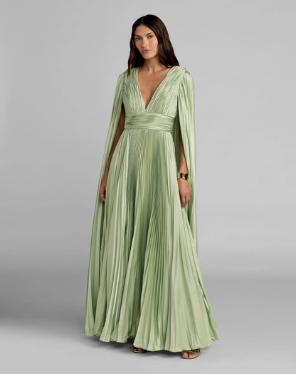 Pleated Charmeuse V Neck Gown With Cape
