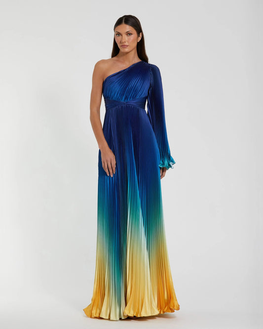 Pleated Charmeuse One Shoulder Ombre Gown