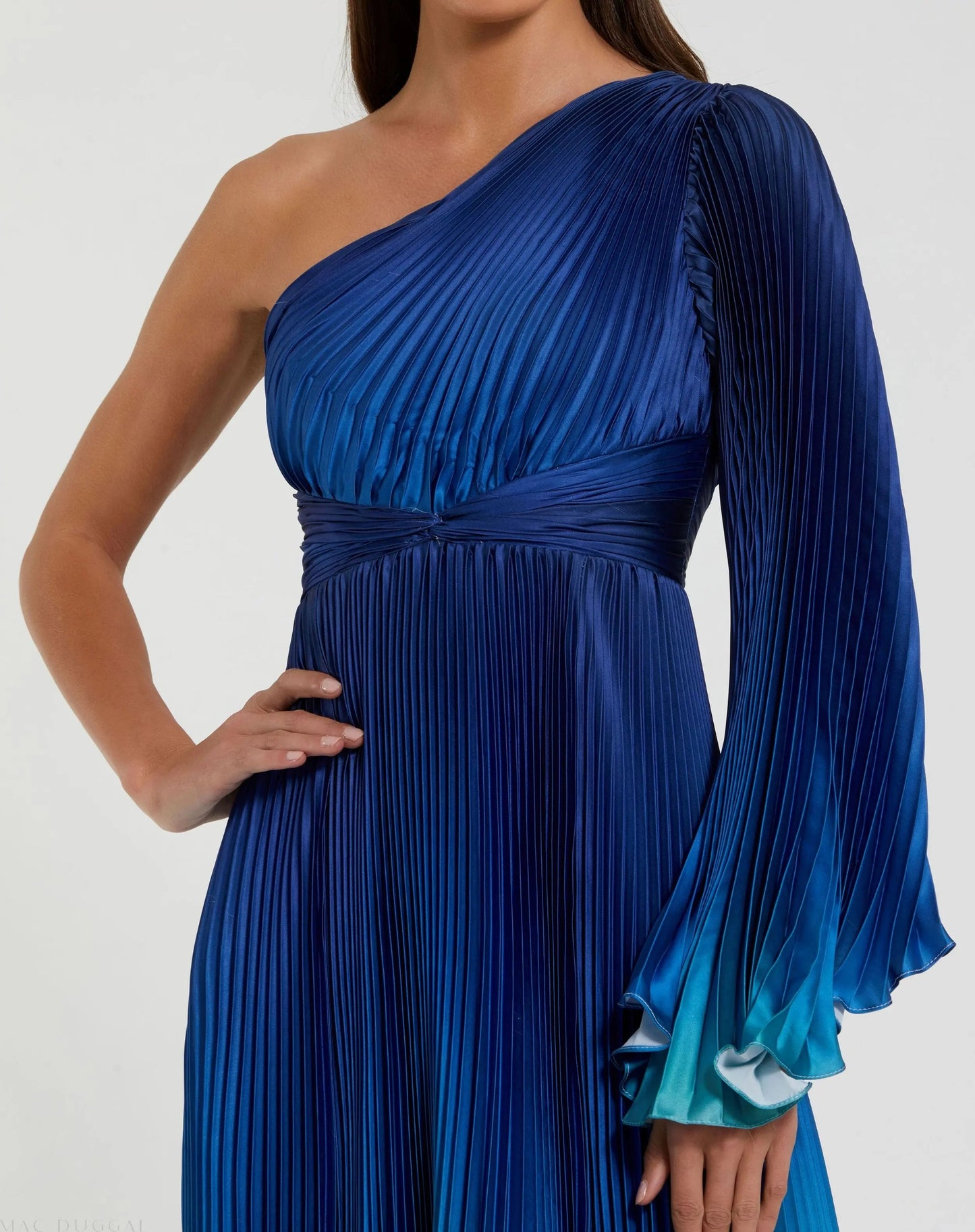 Pleated Charmeuse One Shoulder Ombre Gown