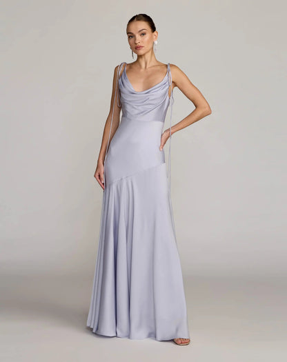 Purple Charmeuse Cowl Gown With Thin Bow Straps