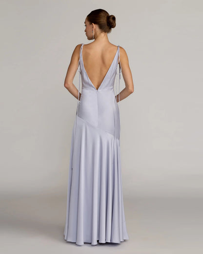 Purple Charmeuse Cowl Gown With Thin Bow Straps