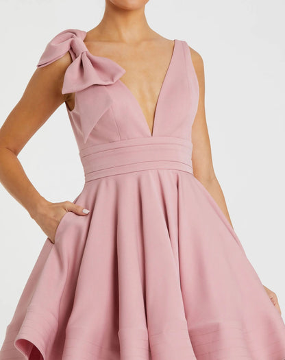 Pink Crepe Sleeveless V-Neck Mini Dress With Bow