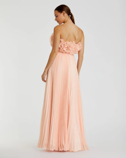 Pink Pleated Chiffon Strapless Gown With Ruffles
