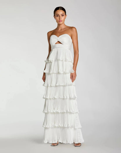 Pleated Charmeuse Strapless Tiered Ruffle Gown