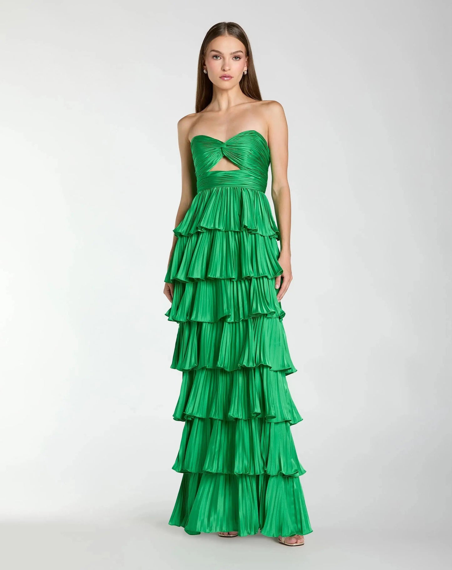 Pleated Charmeuse Strapless Tiered Ruffle Gown