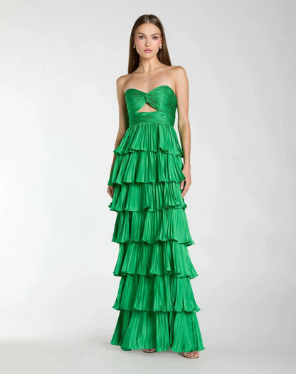 Pleated Charmeuse Strapless Tiered Ruffle Gown