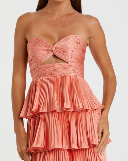 Pink Pleated Charmeuse Strapless Tiered Ruffle Gown