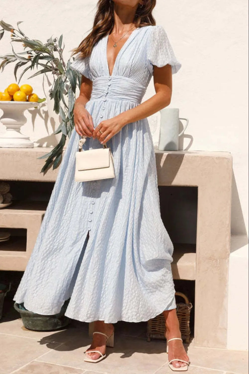 Hazel Blues® |  V-Neck Puff Short Sleeve Midi Dress