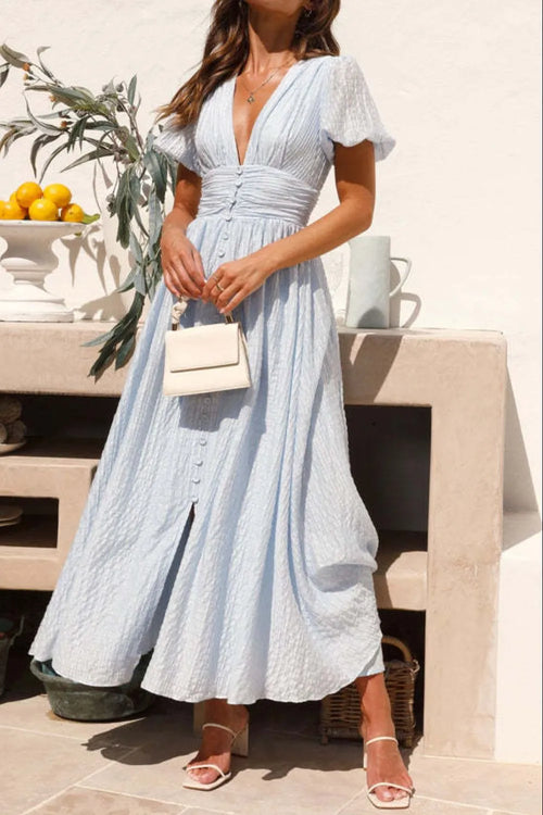 Hazel Blues® |  V-Neck Puff Short Sleeve Midi Dress