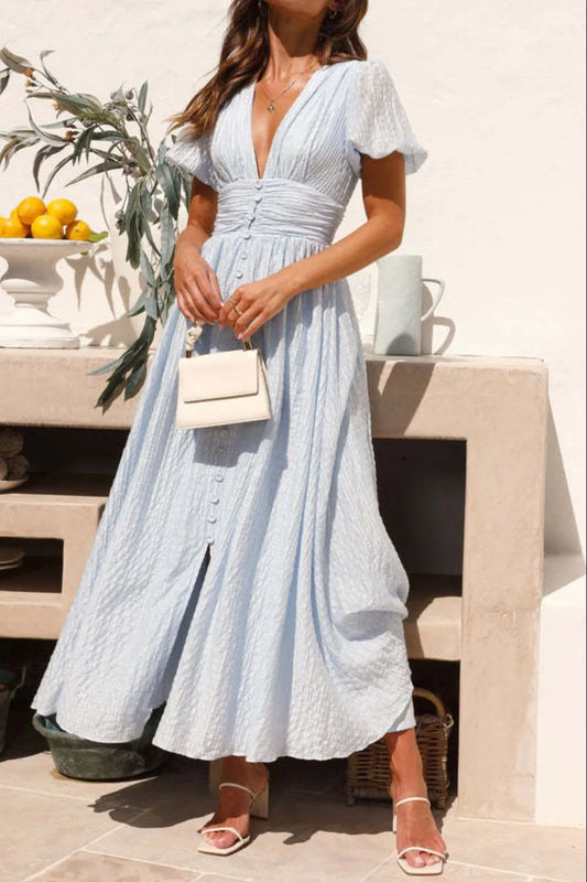 Hazel Blues® |  V-Neck Puff Short Sleeve Midi Dress