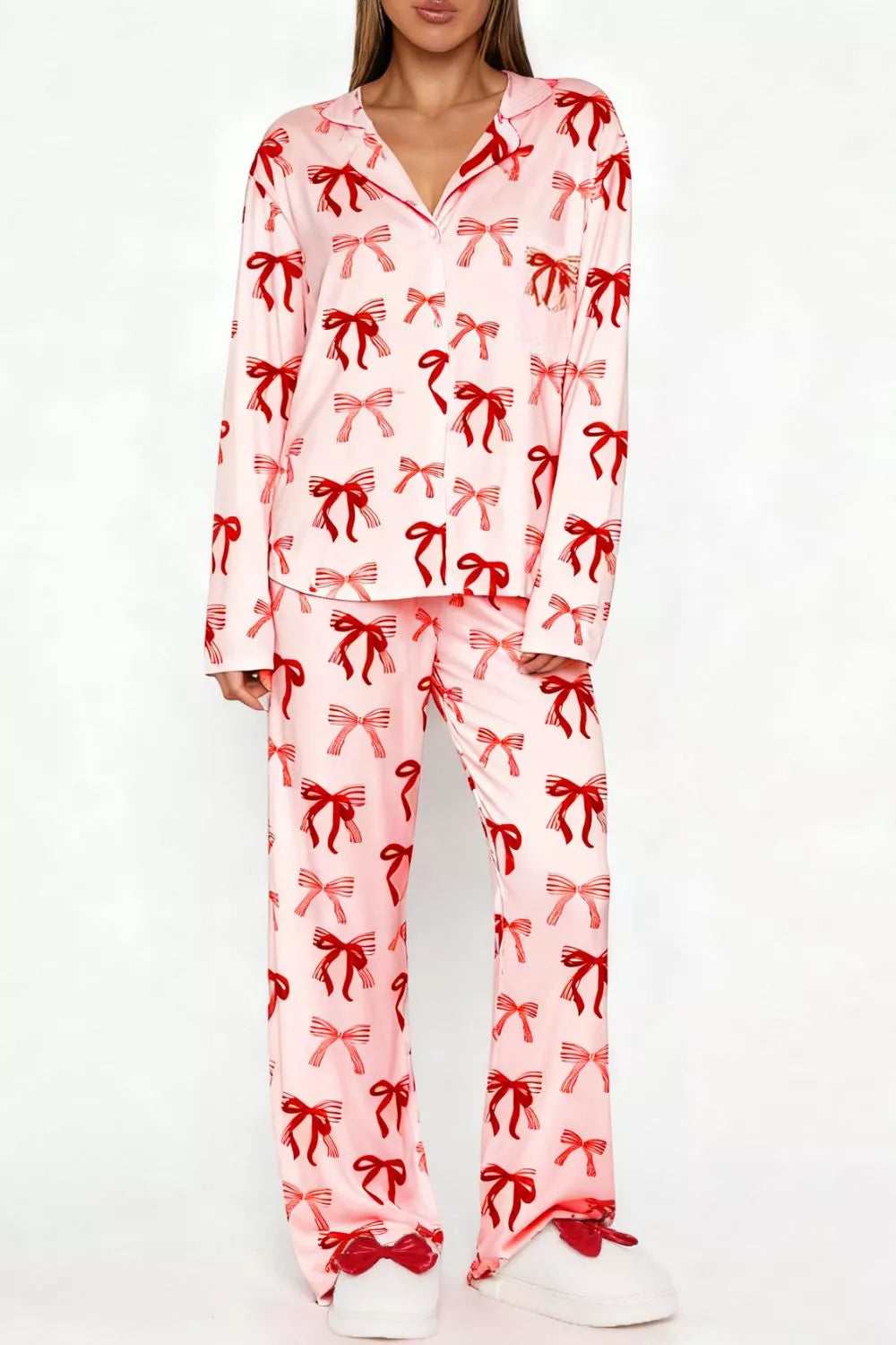 Hazel Blues® |  Bow Print Top and Wide Leg Pants Lounge Set
