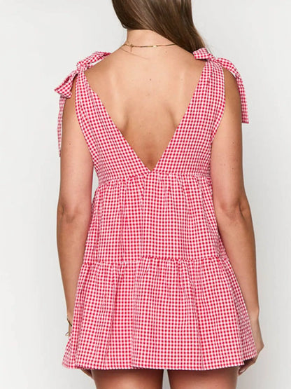 Hazel Blues® |  Gingham Tie-Shoulder Mini Dress
