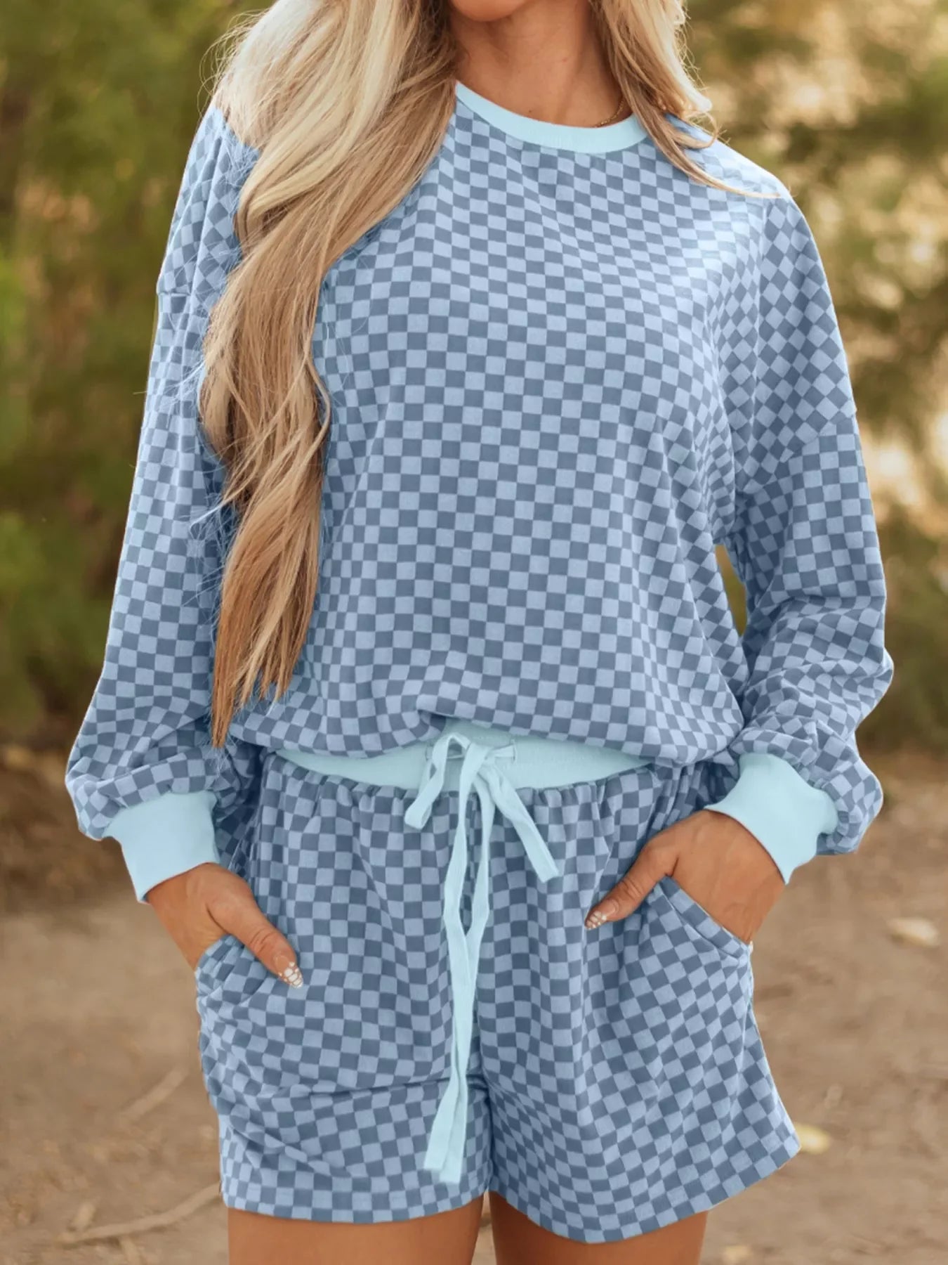 Hazel Blues® |  Checkerboard Long Sleeve Pullover and Shorts Set