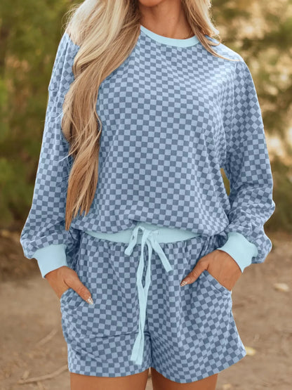 Hazel Blues® |  Checkerboard Long Sleeve Pullover and Shorts Set