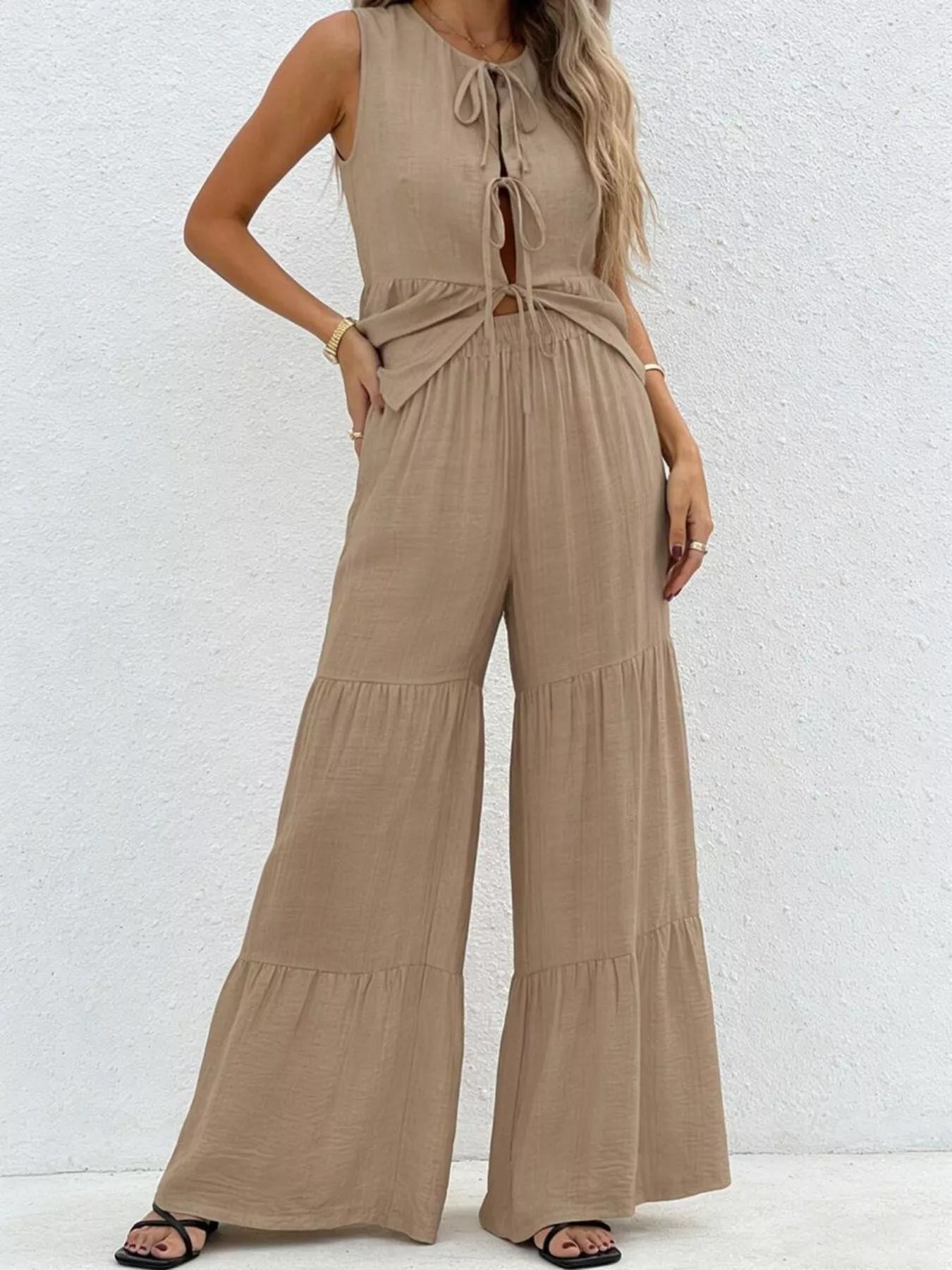 Hazel Blues® |  Sleeveless Tie-Front Top and Wide Leg Pants Set