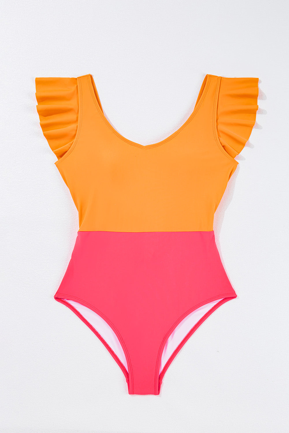 Hazel Blues® | Vitality Orange Color Block Ruffled Knotted Backless One Piece Swimsuit