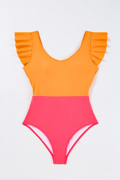 Hazel Blues® | Vitality Orange Color Block Ruffled Knotted Backless One Piece Swimsuit