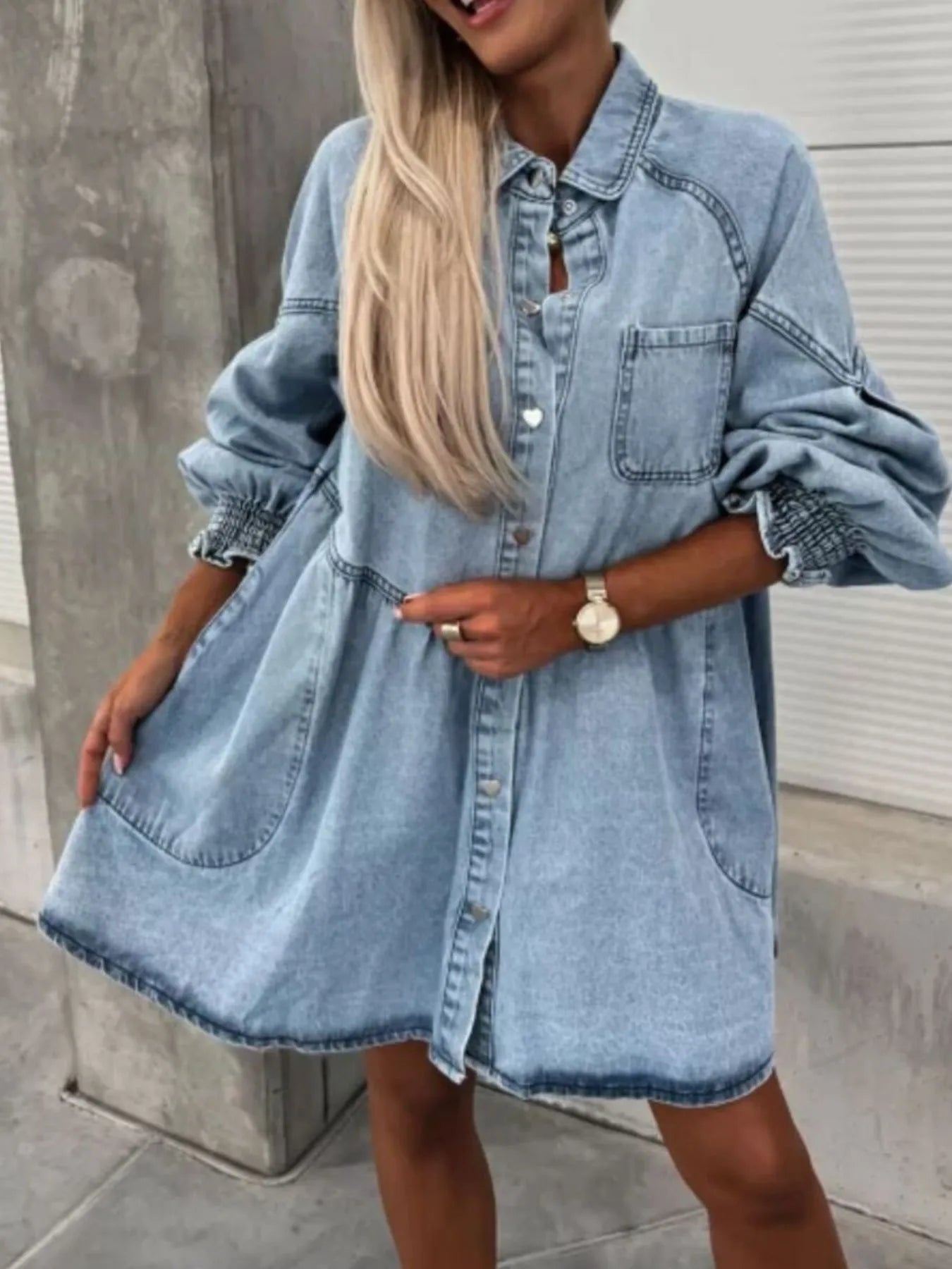 Hazel Blues® |  Oversized Long Sleeve Button-Up Denim Dress
