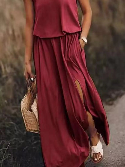 Hazel Blues® | Round Neck Sleeveless Slit Maxi Dress