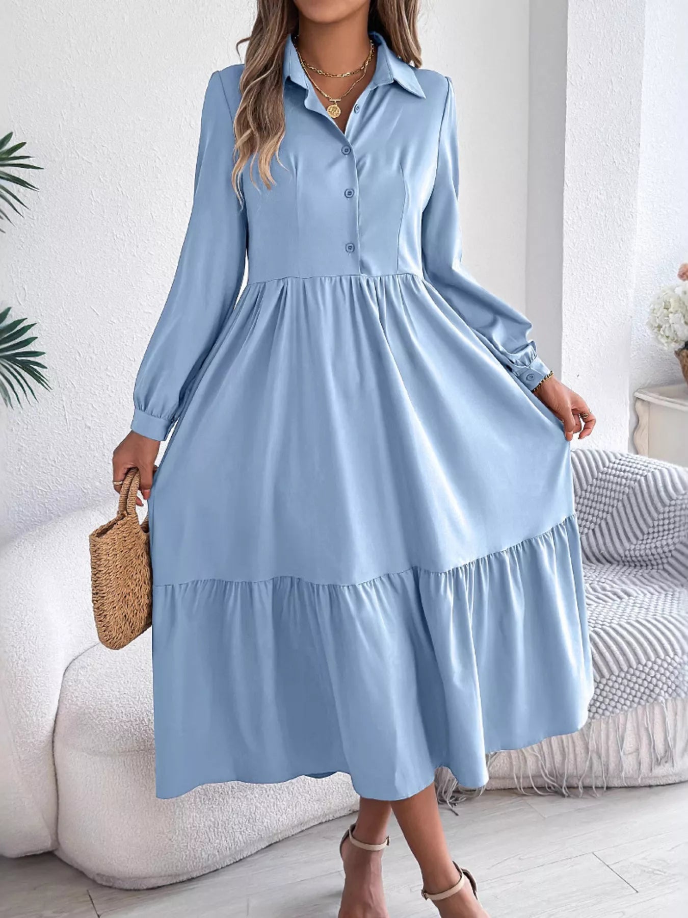 Hazel Blues® |  Long Sleeve Tiered Button Front Midi Dress