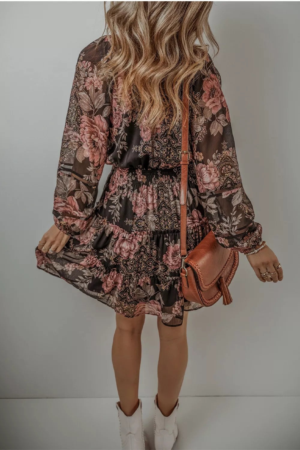 Hazel Blues® |  Floral Print Tie Neck Mini Dress