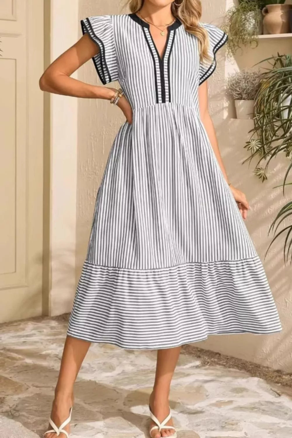 Hazel Blues® |  Striped Ruffle Sleeve Midi Dress