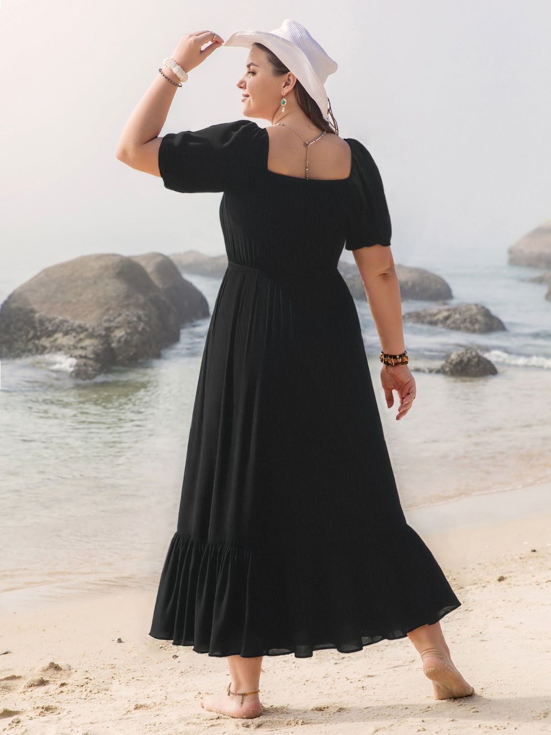 Hazel Blues® | Ruffled Hem Square Neck Short Sleeve Dress