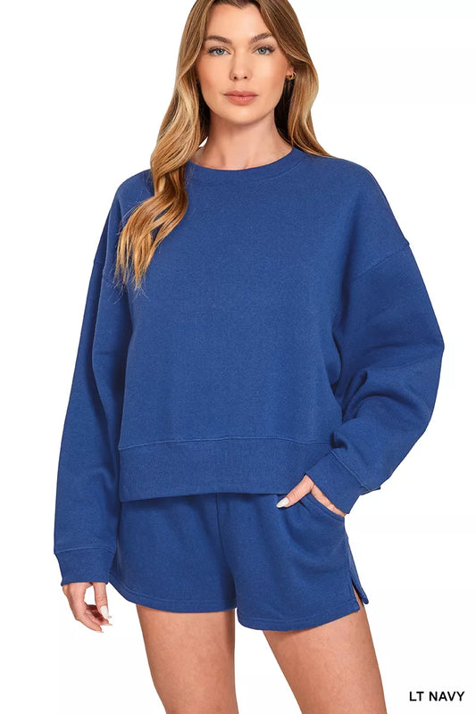 Hazel Blues® |  Zenana Fleece Round Neck Sweatshirt and Shorts Set
