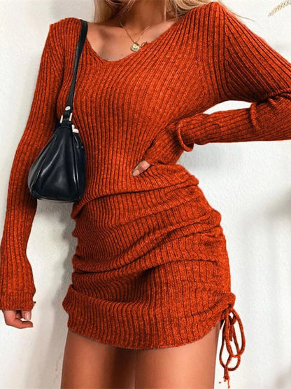 Hazel Blues® | Ribbed Knit Drawstring Bodycon Sweater Dress
