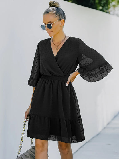 Hazel Blues® |  Swiss Dot Flare Sleeve Wrap Mini Dress